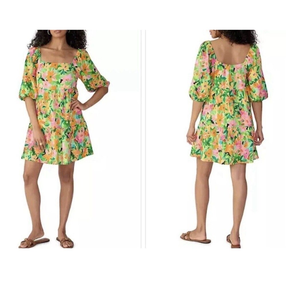 Sanctuary Anthropologie Tropical Print Puff Sleeve Lined Dress Linen Sz Medium - Picture 9 of 9